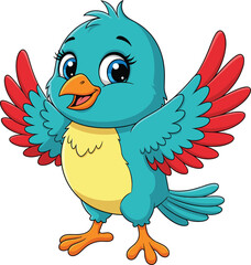 Cute cartoon blue bird with red wings and yellow belly, happy flying animal illustration, adorable character isolated on white background