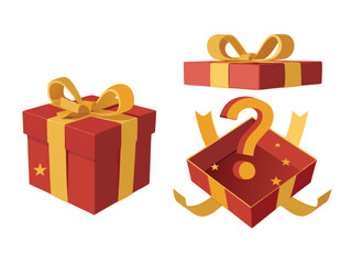 Red gift boxes with golden ribbons and a question mark, perfect for adding mystery and excitement to promotions, sales, and events transparent background