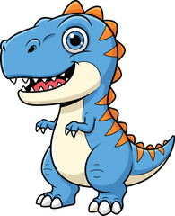 Fototapeta premium Cute cartoon blue dinosaur with orange spikes smiling happily, adorable prehistoric animal illustration, friendly dino character isolated on white background