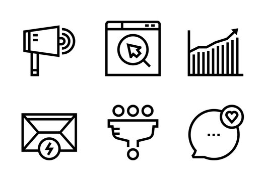 Pack de iconos de marketing digital. Meg&aacute;fono promocional, b&uacute;squeda web, gr&aacute;fica de crecimiento, correo energ&eacute;tico, embudo de ventas y mensaje con coraz&oacute;n. Dise&ntilde;o vectorial lineal