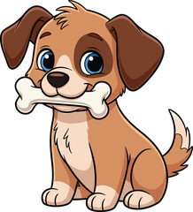Cute cartoon brown puppy with blue eyes holding a bone, happy pet dog illustration, adorable animal character on white background