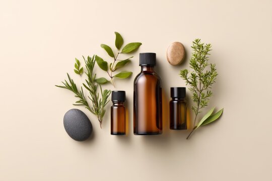 Aesthetic arrangement of amber glass bottles and natural herbs on a soft beige background for wellness