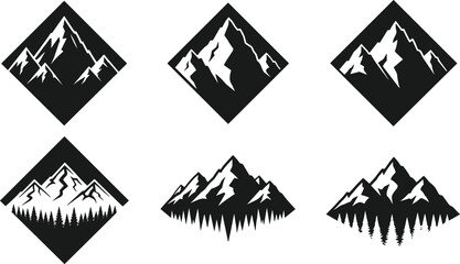 Six black and white geometric mountain range logos with pine trees mountains peak