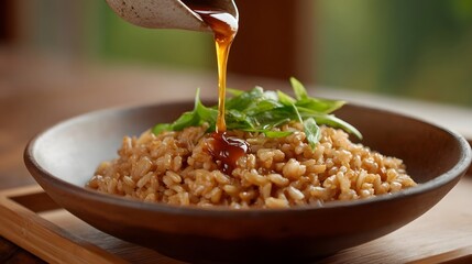 A savory brown rice dish with herbs is garnished with a dark sauce drizzle in a rustic bowl