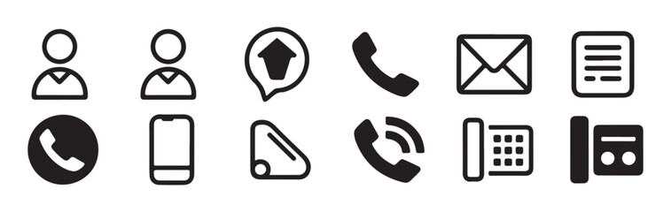 Set of contact icons with person, house in speech bubble, phone, mail, and document symbols