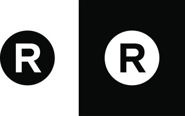 Registered trademark symbol vector icon set, black and white R letter logo, legal protection mark for business identity, intellectual property sign, flat design.