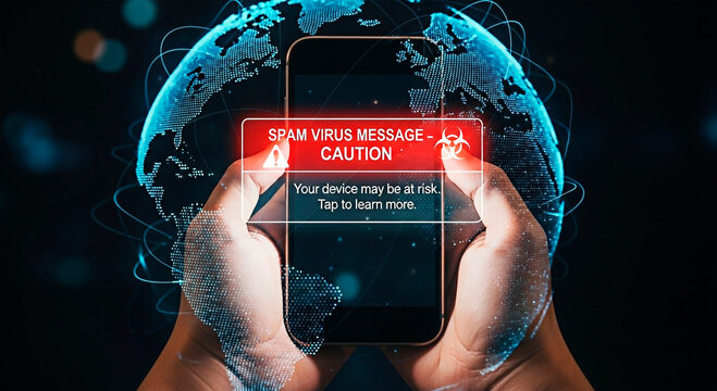 Digital world with a warning spam virus message in the mobile phone for the concept of Technology danger.