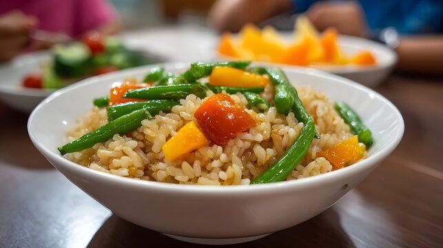 A healthy bowl of brown rice topped with fresh green beans red tomatoes and yellow peppers presented in a white dish - Powered by Adobe