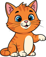 Cute cartoon orange kitten with big blue eyes smiling, adorable pet cat illustration, happy animal character isolated on white background