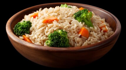 A close up view of a rustic wooden bowl filled with healthy brown rice mixed with fresh broccoli florets and chopped carrots