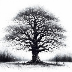 Bare Tree Sketch In White Winter Field