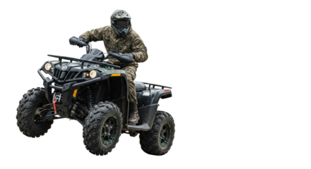 Male rider in woodland camouflage helmet and tactical gear aggressively riding a powerful black quad bike on a white studio background, high-speed photorealistic shot. Concept for extreme off-road