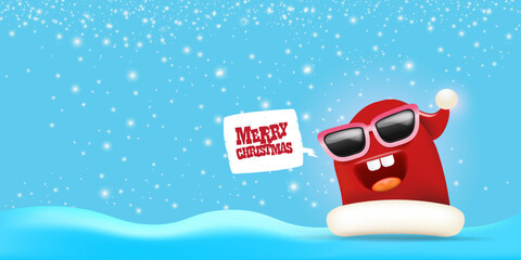 Vector cartoon monster Santa Claus red hat character with sunglasses and speech bubble isolated on blue Christmas background with snow and snowflakes. Merry Christmas greeting card, poster and banner