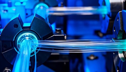 Blue light beams through fiber optics within advanced manufacturing equipment. fiber optics.