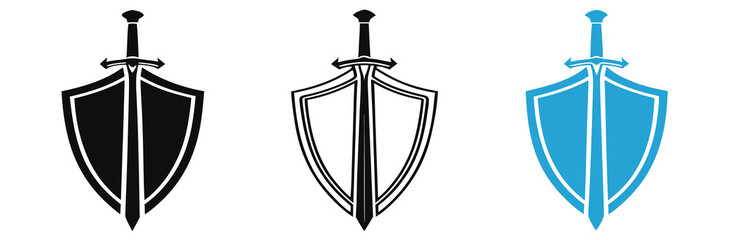 Shield and sword icon set, representing protection and defense isolated on white background,Stunning shield and sword icon for security, defense, and protection concepts,