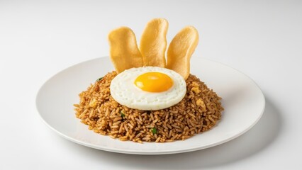 Delicious fried rice topped with a sunny-side-up egg and crispy crackers