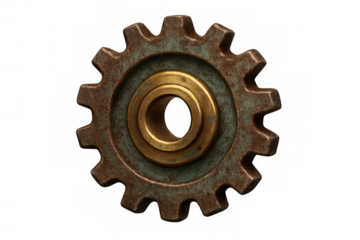 Rusty steampunk cogwheel with bronze inner hub, vintage machine part for industrial or mechanical design, transparent background