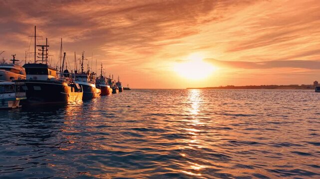 Quick flight low over the rugged waterscape colored with the golden light of sunset. Low angle view at the row of fishermen's boats standing at the quay.
