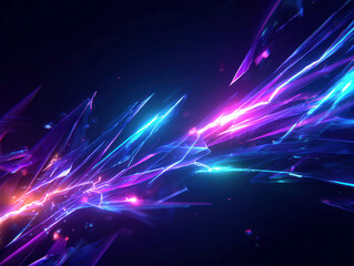 Abstract art with neon energy bolts, vibrant digital colors blue, purple, green, orange, pink, fragmented shards resembling shattered glass, dark void background, stark contrast, spec - AI-Generated