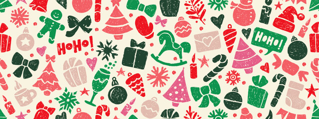 Christmas seamless pattern with crayon icons. Cute backdrop with Christmas tree, snowman, Santa hat and candy cane. Winter holiday items. Bright crayon gift box, snowflake, star and bell, vector illus