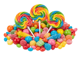 Assorted vibrant rainbow swirl lollipops and colorful glossy candies piled on a sterile transparent background, macro detail, bright studio lighting, commercial product photography. Concept for