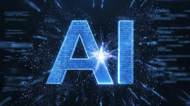 Abstract blue AI logo formed from digital particles and energy waves artificial intelligence symbol.