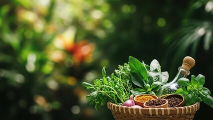 A vibrant basket of fresh healing herbs and aromatic spices for alternative medicine and wellness against a lush green background