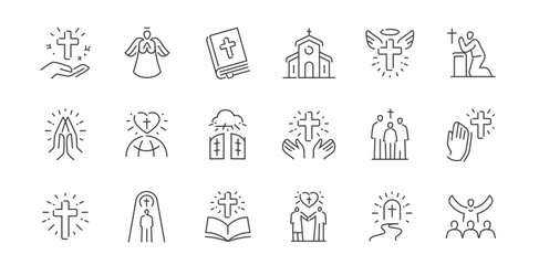 Obraz premium Religion outline icons set. Prayer, faith, spiritual, biblical symbols. Worship concept. Vector illustration