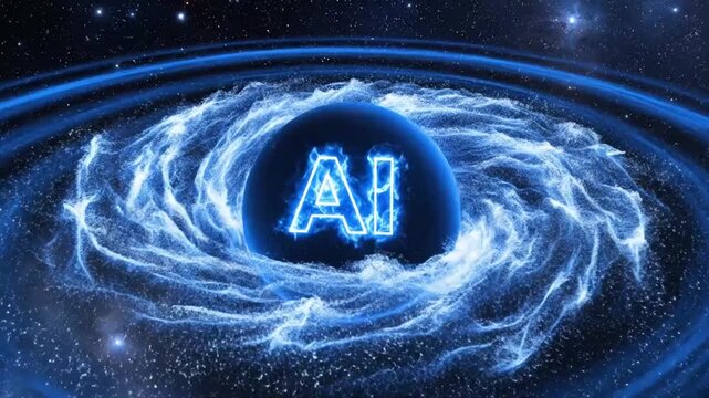 AI logo glowing in a swirling blue nebula in outer space with stars artificial intelligence technology.