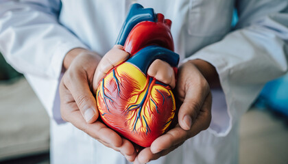 Medical professional in a white coat delicately holds a detailed anatomical heart model, emphasizing the importance of cardiac health, medical science, and dedicated patient care