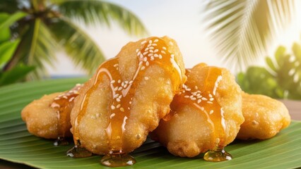 Delicious golden fried bananas drizzled with sweet honey and sesame seeds, served on a banana leaf in a tropical setting