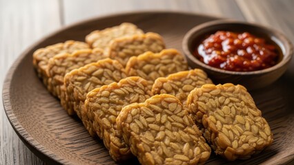 Delicious homemade fried tempeh slices served on a rustic wooden plate with a side of spicy sambal chili sauce
