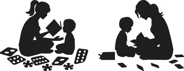 Mother teaching child silhouette set with educational cards and puzzle pieces. Early learning, autism therapy and child development concept for parenting, homeschooling and special education materials