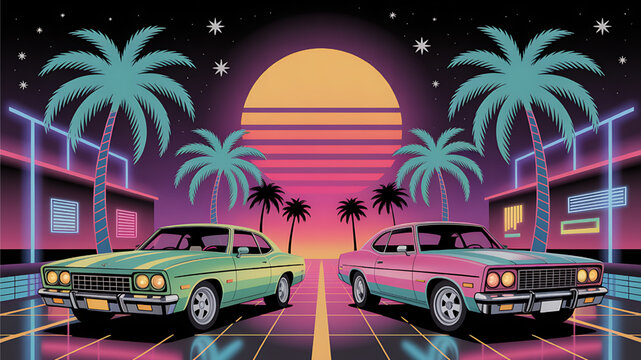 Retro 80s miami vice style scene with classic cars and palm trees
