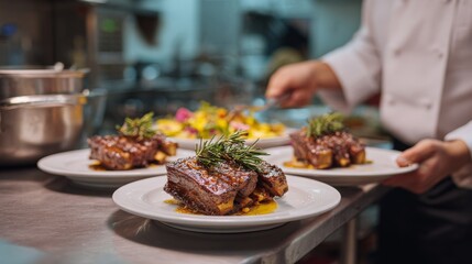 Obraz premium Chef preparing gourmet dishes with glazed ribs and rosemary garnish in a professional kitchen