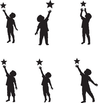 Silhouettes of children reaching for stars against a white background