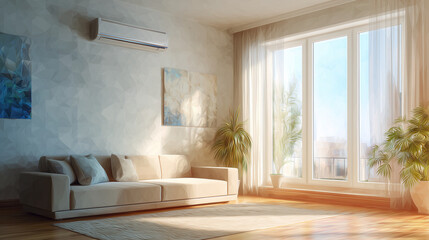 明るいリビングインテリアとエアコンの水彩ポリゴン