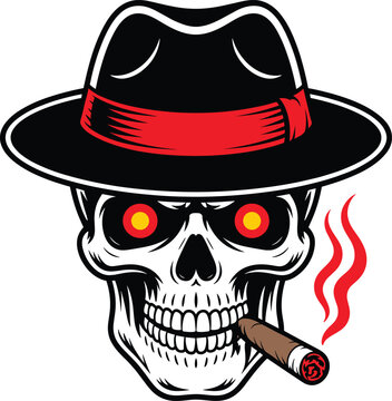 Skull wearing fedora smoking cigar glowing red eyes