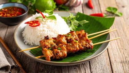 Thai-Gericht mit gegrillten Schweinespie&szlig;en und Jasminreis &ndash; K&ouml;stlich und aromatisch