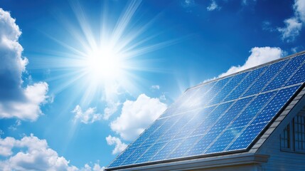 A bright sun shines over a house with solar panels, showcasing renewable energy and a clear blue sky filled with fluffy clouds.