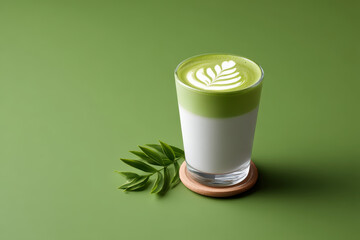 Matcha latte looks delicate, adorned with leaf art, truly pleasing to eye