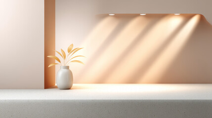 Here description and keywords based image and instructions Vase with plant gleams warmly soft