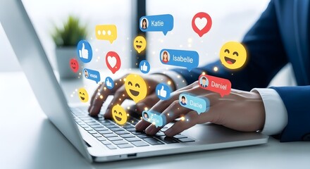 Hands typing on laptop with social media icons and chat bubbles floating, representing online communication and engagement.