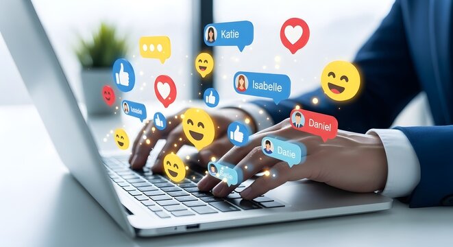 Hands typing on laptop with social media icons and chat bubbles floating, representing online communication and engagement. - Powered by Adobe