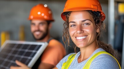 Engineers carry solar panel towards eco-friendly house under sunny skies