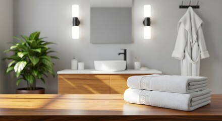 Fototapeta premium Modern Bathroom Scene with Stacked White Towels, Plant, and Robe - Copy Space for Text
