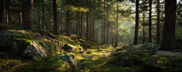 Obraz premium A serene forest pathway illuminated by soft sunlight, with lush greenery and moss-covered rocks, creating a tranquil and inviting atmosphere.