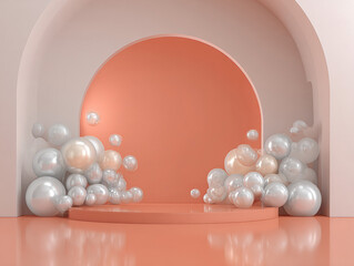 Minimalist, coral silver balloon arch on soft coral backdrop, floating soap bubbles, pink marble architecture, gold accents, monochromatic, symmetrical layout, modern minimalist desig - AI-Generated
