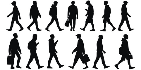business people walking Silhouettes, men and women full length front, side, back view. Vector art of a collection of walking man silhouettes in various poses and with different accessories
