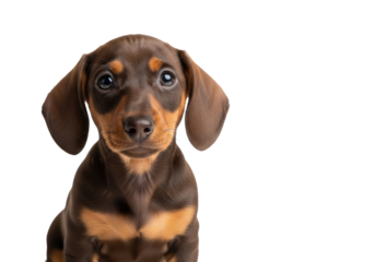 Adorable ten-week-old glossy brown and tan short-haired dachshund puppy sitting on a transparent studio background with ample copy space, expressive commercial pet portrait concept